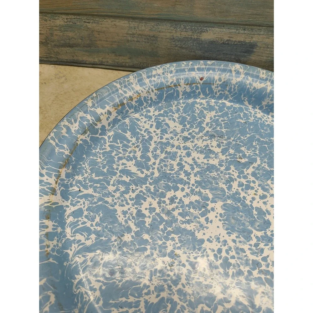 Vtg Graniteware Pie Plate Blue White‎ Splatter Enamel Retro Farmhouse Rustic
